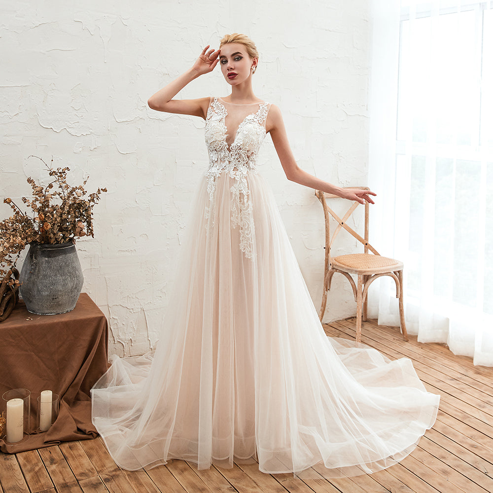 
                      
                        Delicate A-Line Bateau Tulle Open Back Wedding Dress with Floral Lace
                      
                    