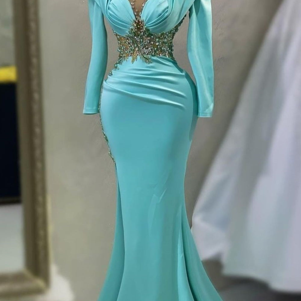 Emerald Satin Prom Dress Sleeves Applikation Long Mermaid