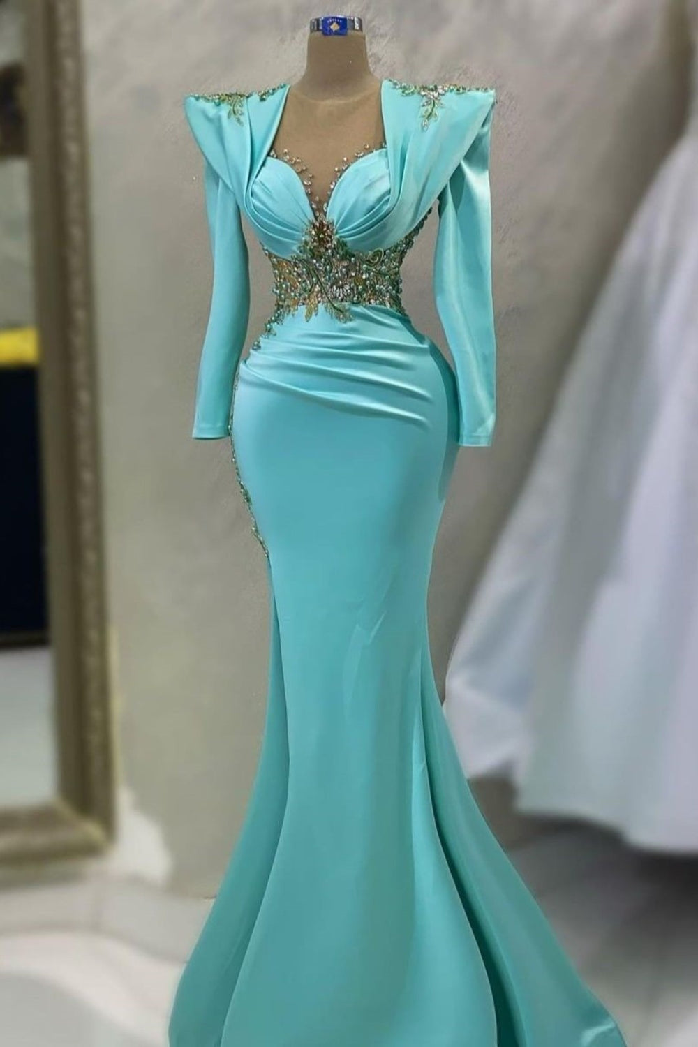 Emerald Satin Prom Dress Sleeves Applikation Long Mermaid