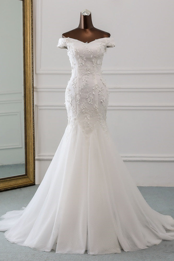 Off-the-Shoulder Mermaid Long Wedding Dress with Tulle Lace