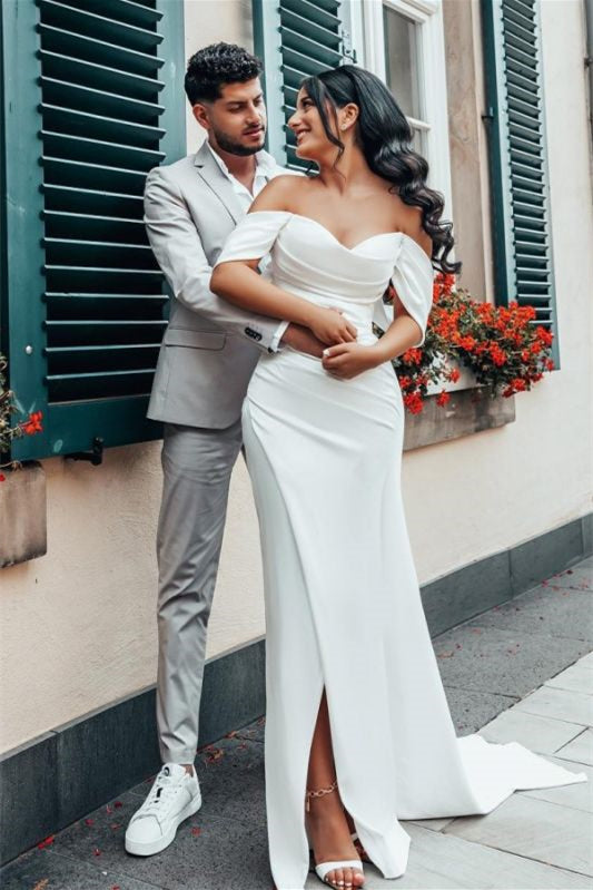 Off-the-Shoulder Charmeuse Wedding Dress with Split