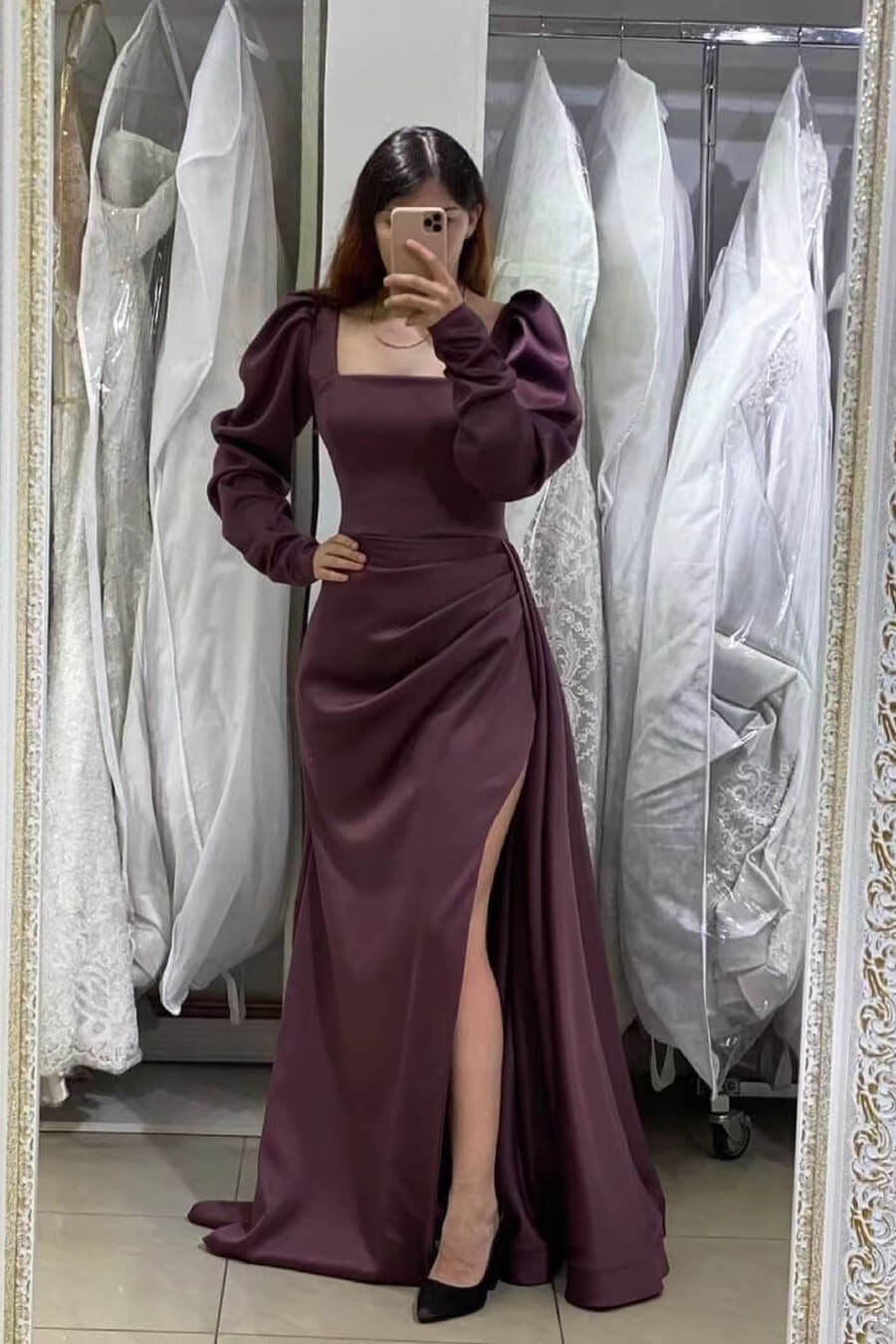 Long Puff Sleeves Mermaid Prom Dress with Split