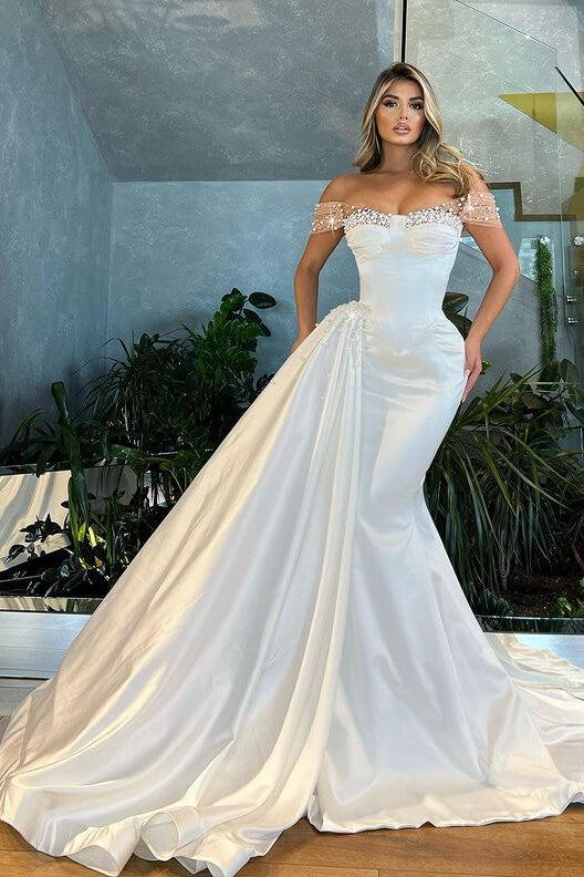 White Off-the-Shoulder Pearl Satin Mermaid Wedding Dress with Ruffles ED451