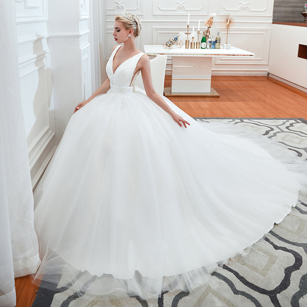 
                      
                        Wide Strap Deep V-Neck Floor-Length A-Line Wedding Dress with Tulle
                      
                    