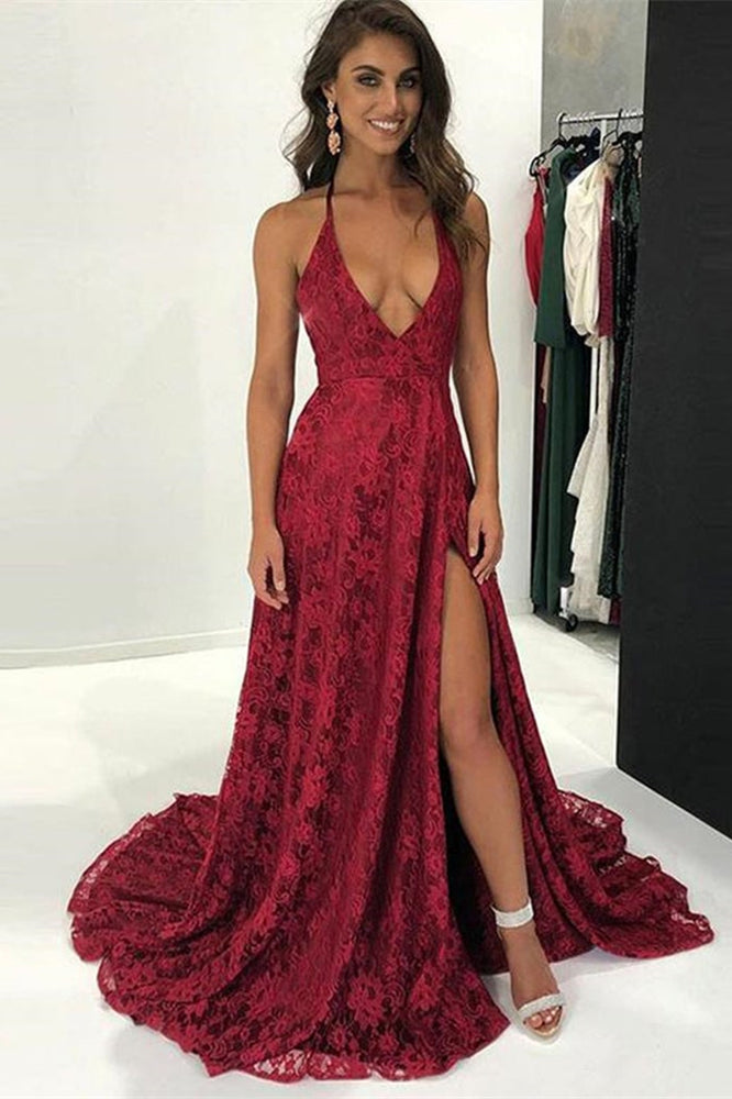 Burgundy Lace V-Neck Prom Dress