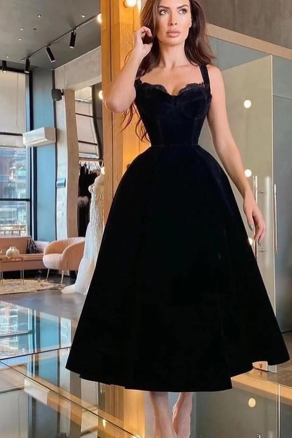 Black Spaghetti-Strap Sweetheart Prom Dress with Lace