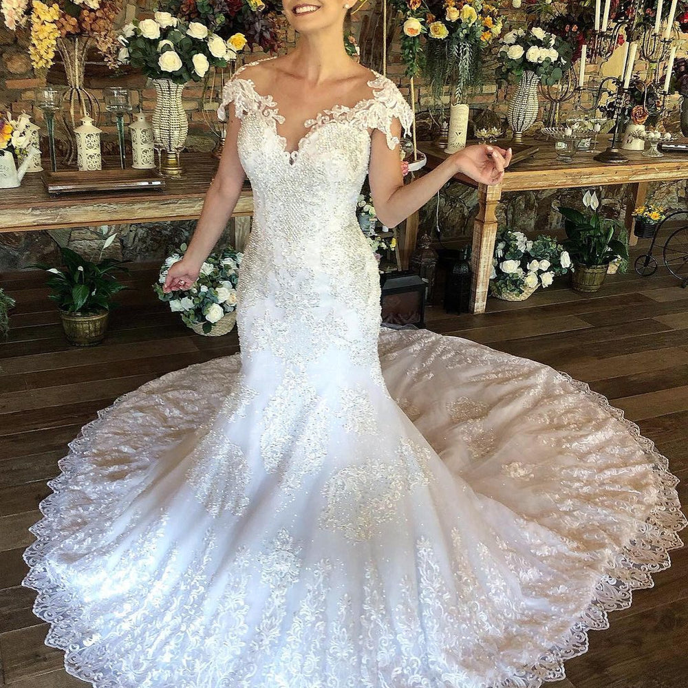 
                      
                        Charming Long Sweetheart Mermaid Wedding Dress with Cap Sleeves and Lace
                      
                    