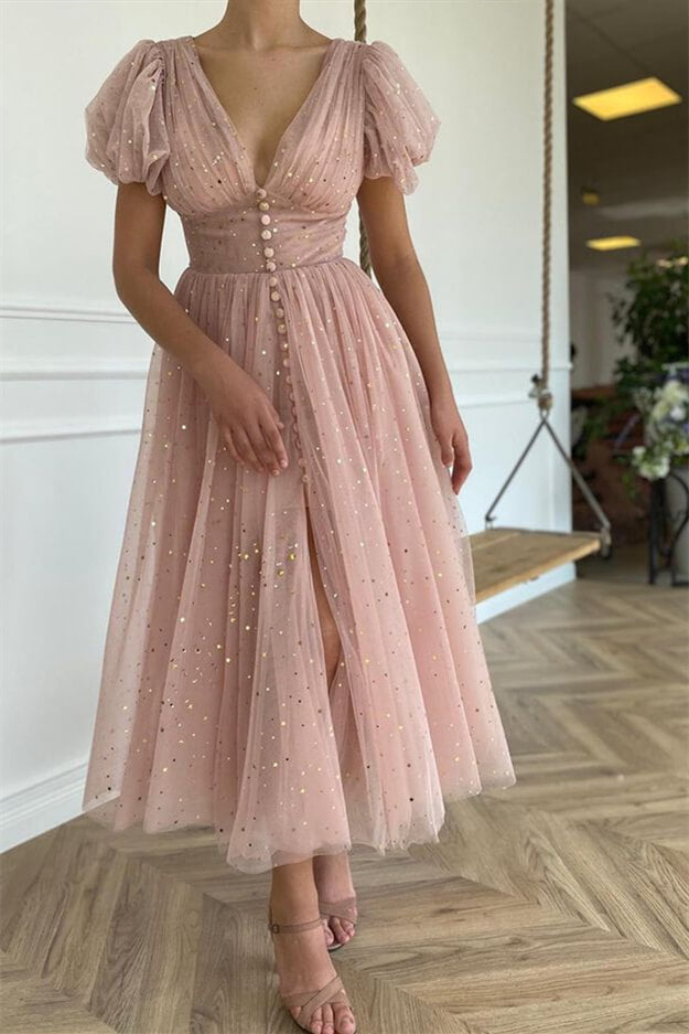 
                      
                        Elegant Taupe Pink V-Neck Short Sleeves Prom Dress with Sequins
                      
                    