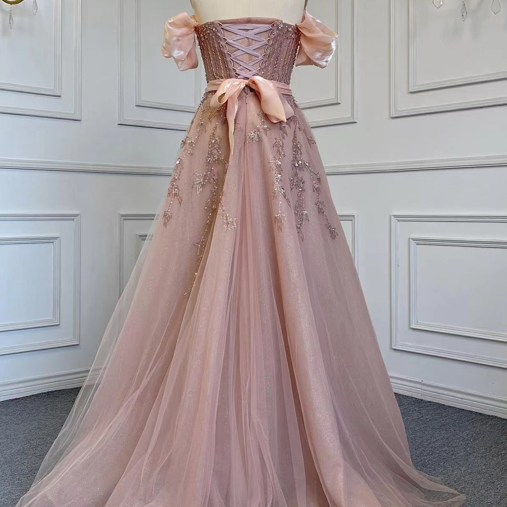 
                      
                        Pink Off-the-Shoulder Bubble Sleeve Prom Dress with Sequins and Tulle Belt
                      
                    