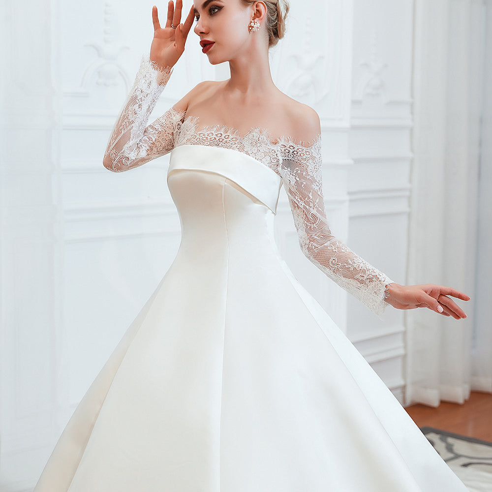 
                      
                        Stunning Off-the-Shoulder Long Sleeve A-Line Satin Wedding Dress with Lace
                      
                    