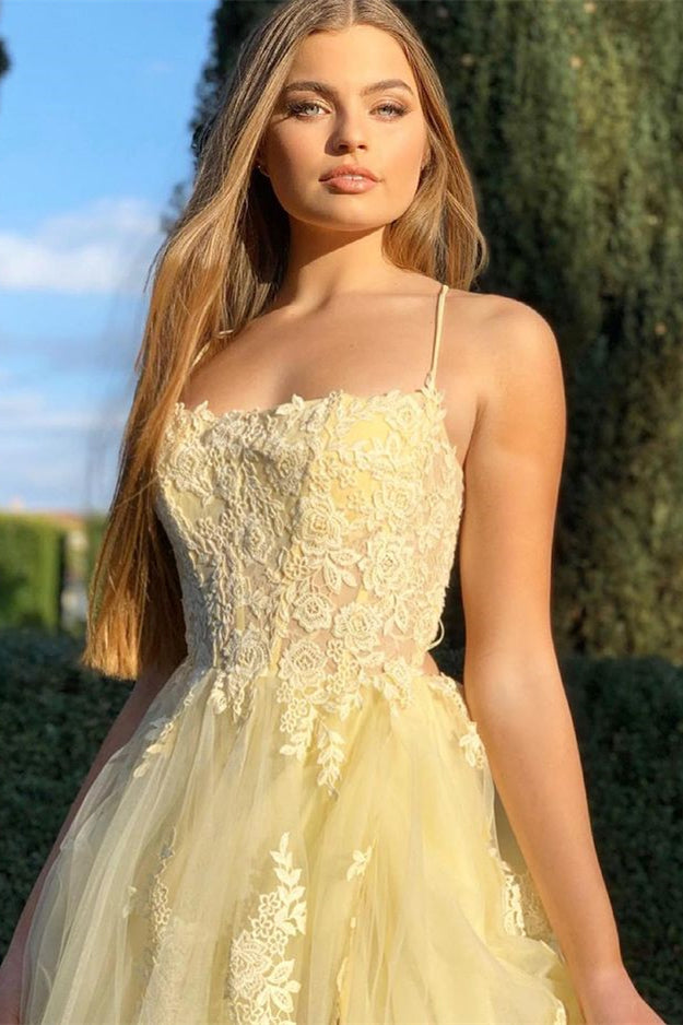 
                      
                        Daffodil Spaghetti-Strap Lace Appliqu¨¦ Mermaid Prom Dress with Split
                      
                    