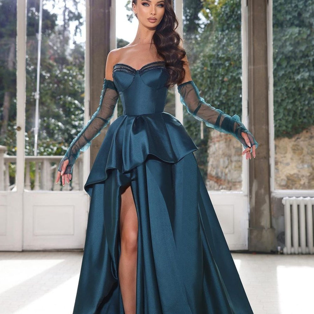 Glamorous Ink Blue Half Sleeves Prom Dress with Strapless High Slit Gown