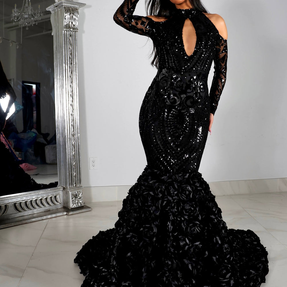 Black Half-Sleeve Halter Mermaid Prom Dress with Floral Appliques