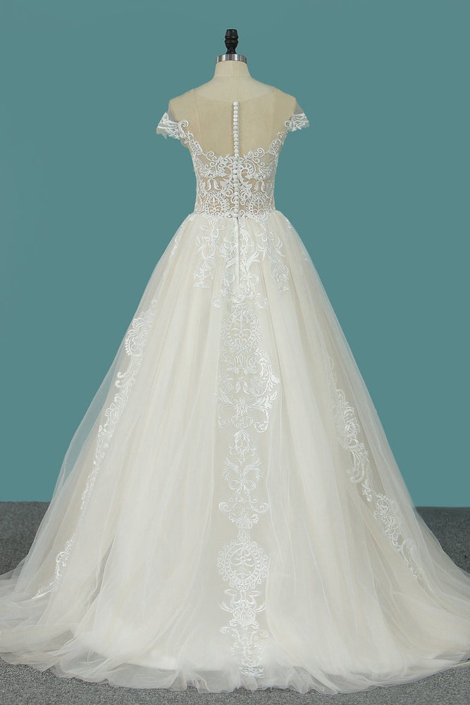 
                      
                        Bateau A-Line Wedding Dress Floor-length With Ruffles Tulle Appliques Lace
                      
                    