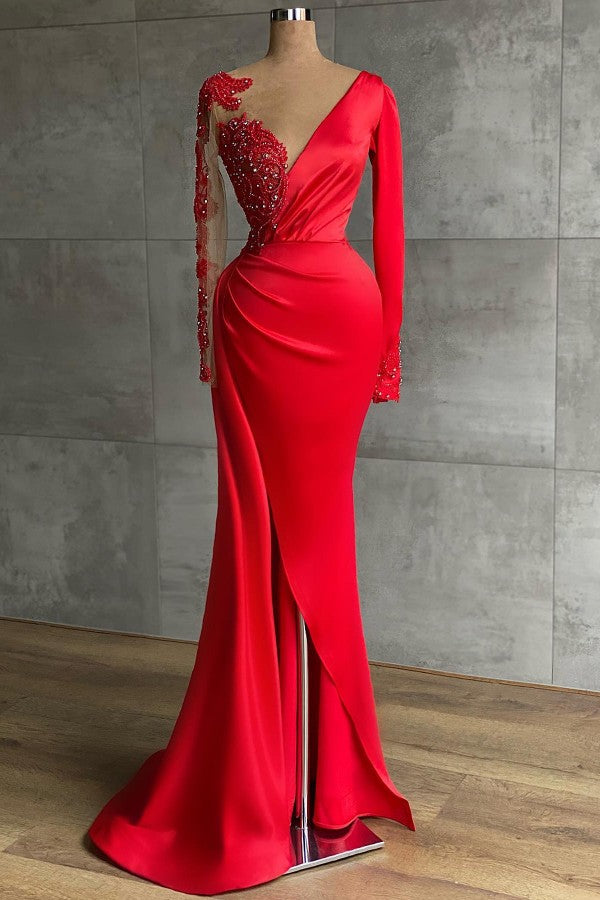 Red Long Sleeves Mermaid Prom Dress