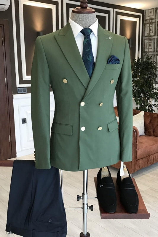 Harris Fancy Green Peaked Lapel Double Breasted Prom Suits