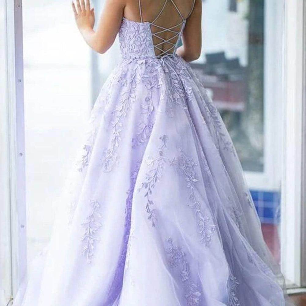 
                      
                        Fashion Criss-Cross Back Lavender Lace Long Prom Dresses, Open Back Lavender Lace Appliqued Formal Evening Dresses 
                      
                    