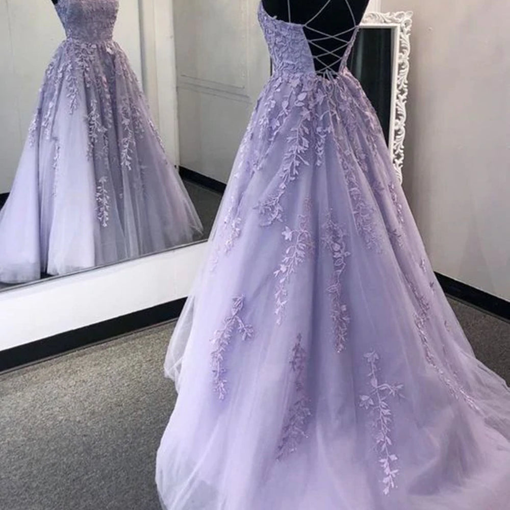 
                      
                        Fashion Criss-Cross Back Lavender Lace Long Prom Dresses, Open Back Lavender Lace Appliqued Formal Evening Dresses 
                      
                    