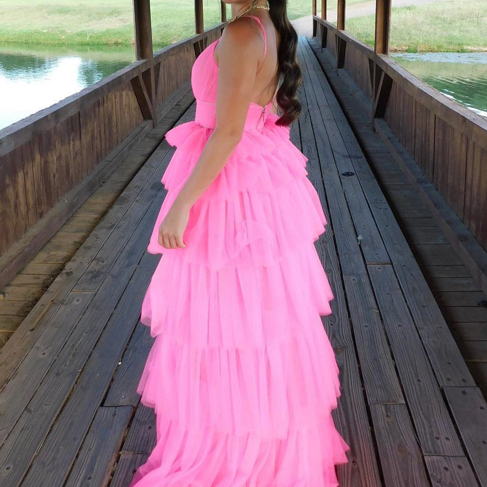 
                      
                        Fashion Open Back Layered Pink Long Prom Dresses, Pink Formal Graduation Evening Dresses 
                      
                    