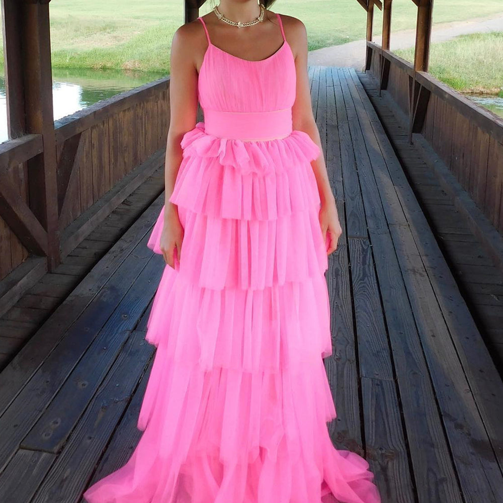 
                      
                        Fashion Open Back Layered Pink Long Prom Dresses, Pink Formal Graduation Evening Dresses 
                      
                    