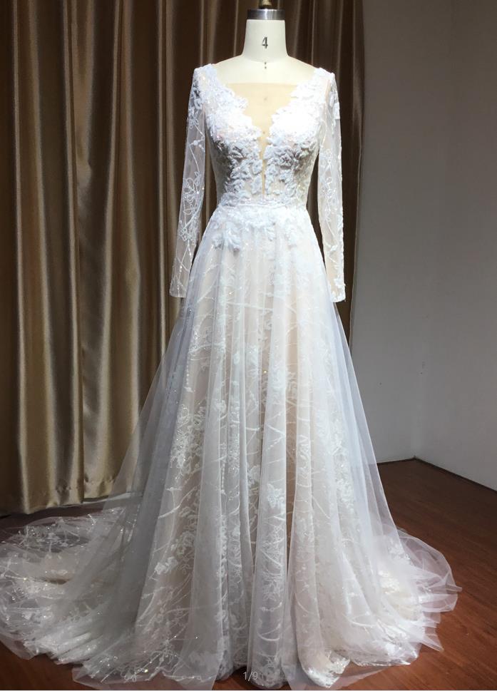 Sheer Long Sleeve A-Line Illusion Tulle Wedding Dress with Lace