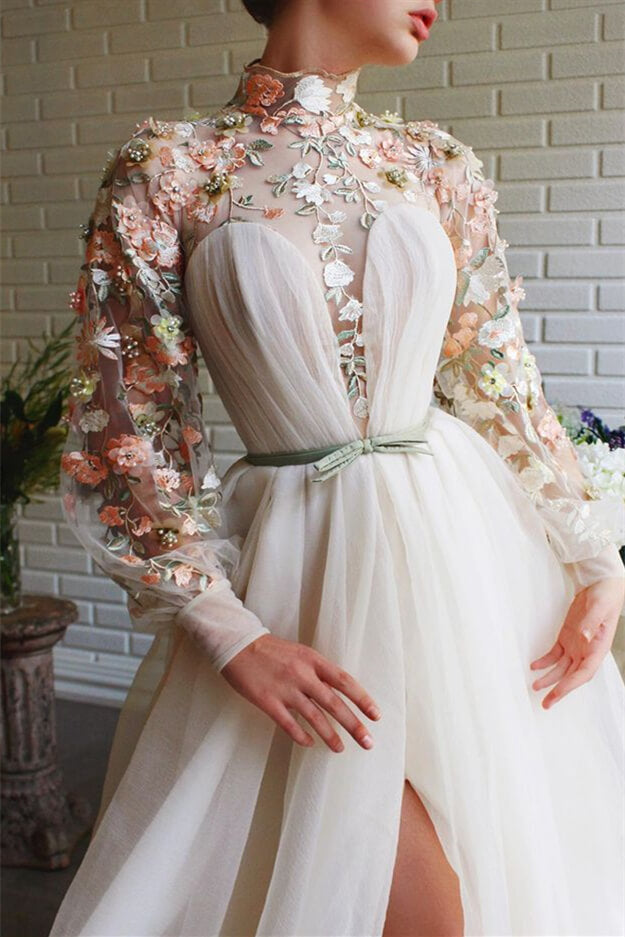 
                      
                        White High Collar Mermaid Evening Dress with Long Sleeves, Flowers, and Split
                      
                    