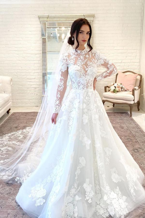 Long A-Line High Neck Open Back Wedding Dress with Lace Sleeves