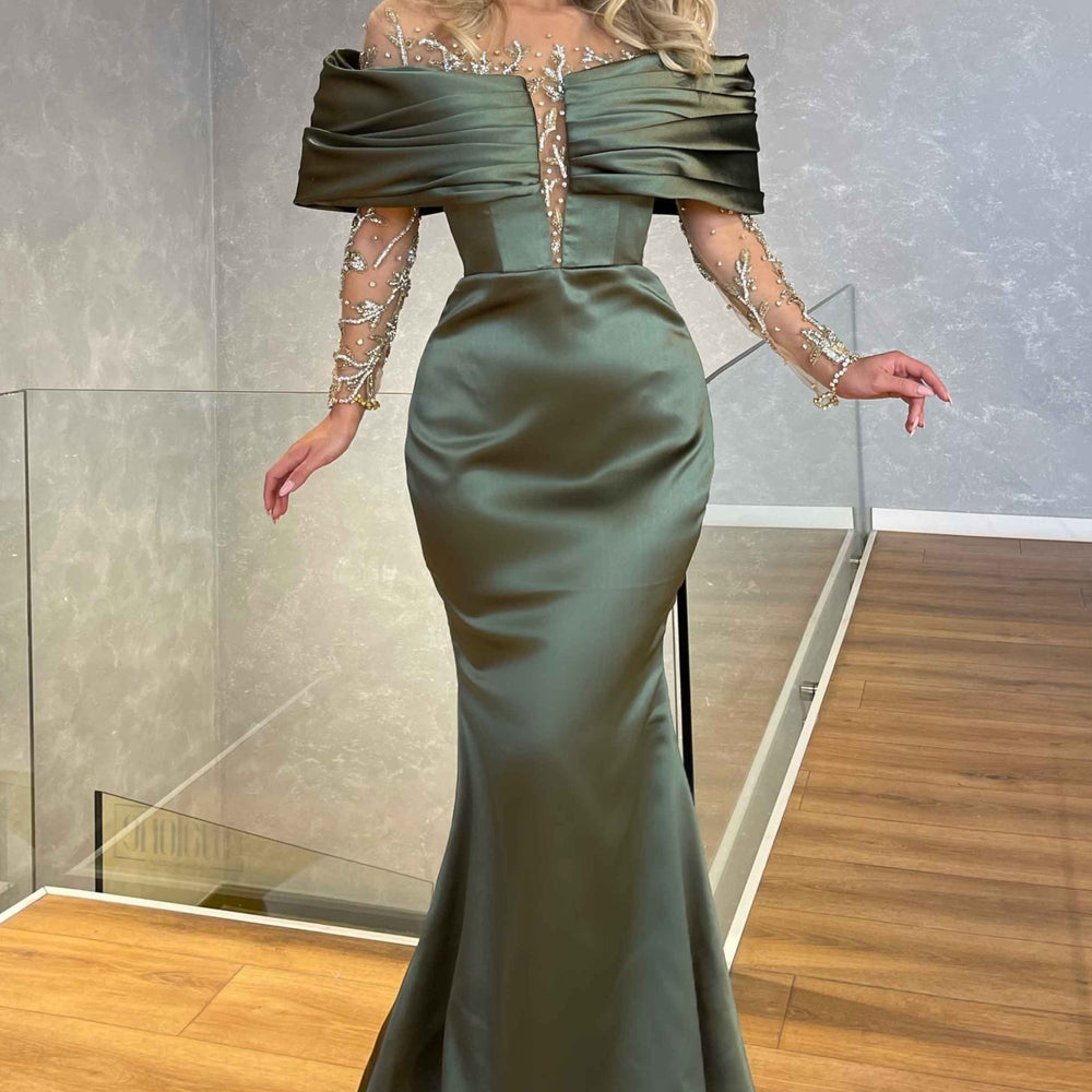 Green Off-the-Shoulder Long Sleeves Prom Dress with Beadings