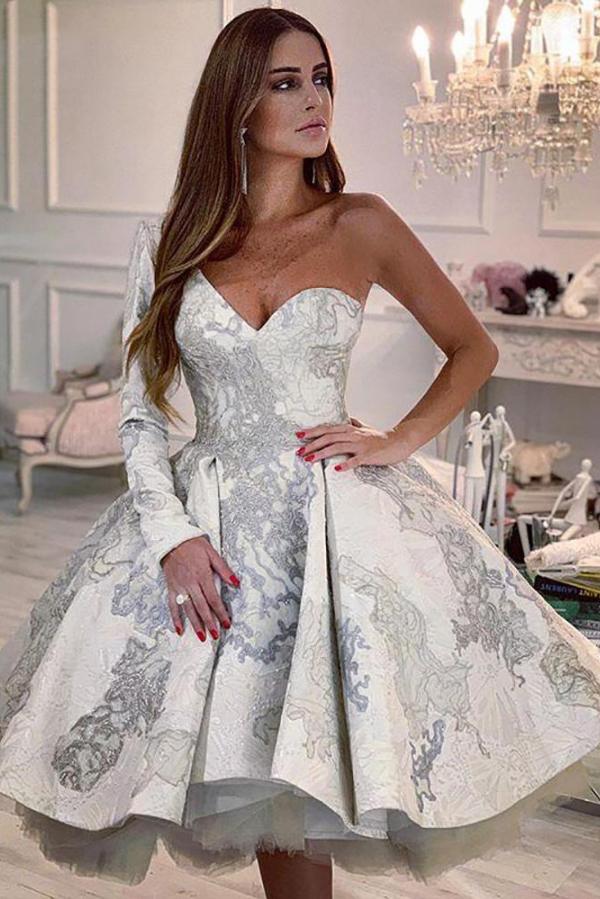 Short A-Line One-Shoulder Floral Pattern Wedding Dress with Sleeves