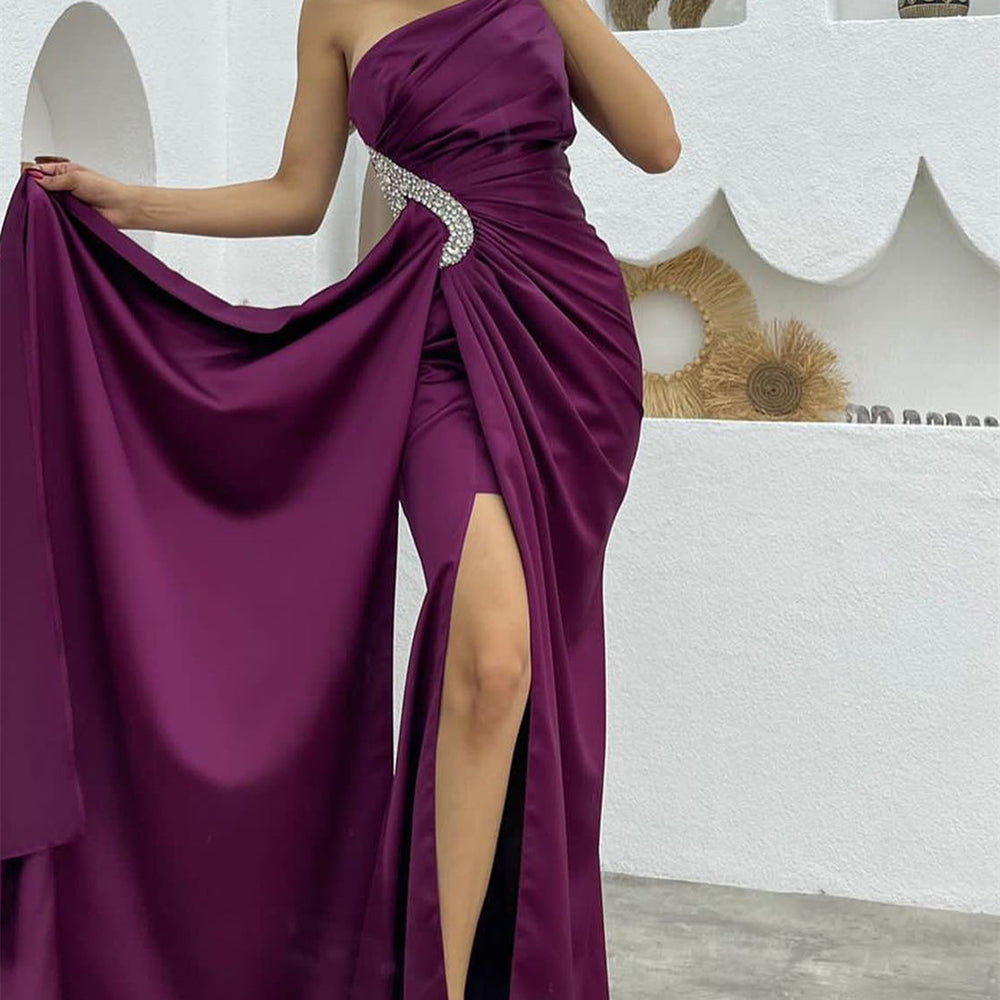 Dark Purple Sequined One Shoulder Mermaid Evening Dress with Split and Long Ruffles