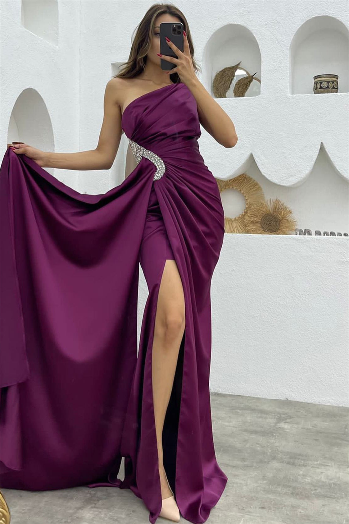 Dark Purple Sequined One Shoulder Mermaid Evening Dress with Split and Long Ruffles