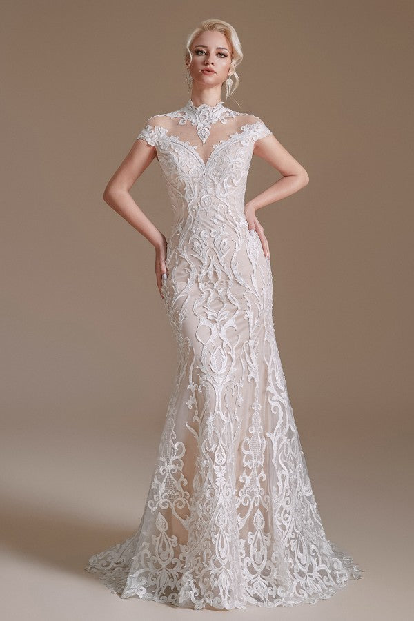 Sleeveless Mermaid Wedding Dress High-neck Lace With Sleeves