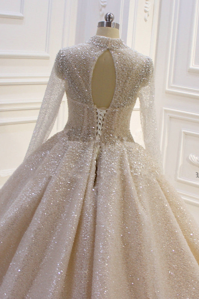 
                      
                        High Neck Long Sleeve Satin Ball Gown Wedding Dress with Sequins
                      
                    