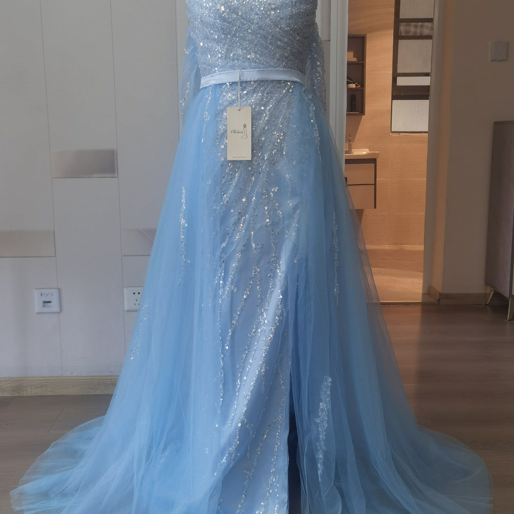 
                      
                        Off-the-Shoulder Sky Blue Prom Dress with Sequins and Slit
                      
                    