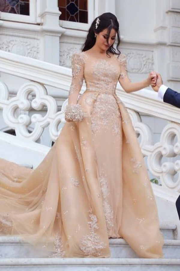 Long Sleeve Bateau Detachable Tulle Wedding Dress