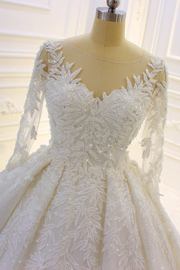 
                      
                        Long Sleeve Ball Gown Beaded Church Train Wedding Dress with Lace Appliques
                      
                    