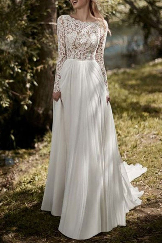 Long Sleeve Lace Chiffon Wedding Dress