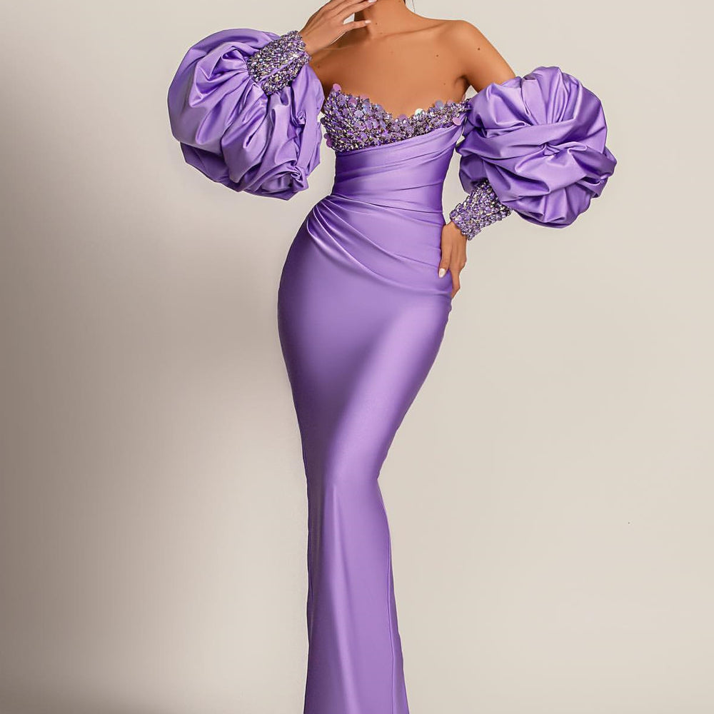 Purple Mermaid Prom Dress with Bubble Sleeves