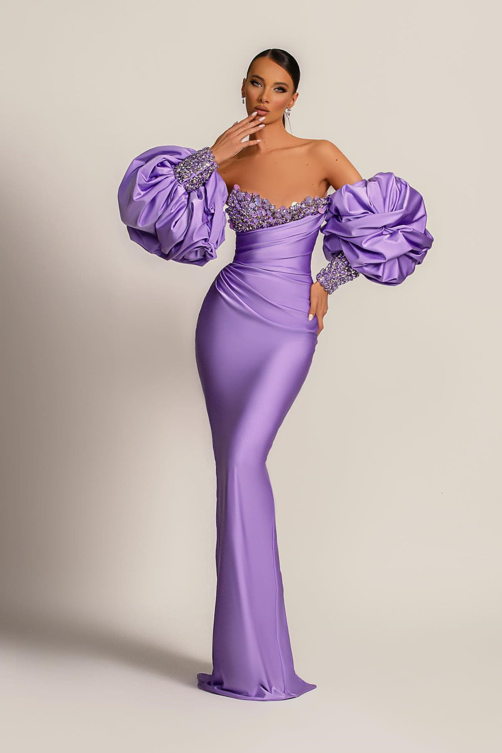 Purple Mermaid Prom Dress with Bubble Sleeves