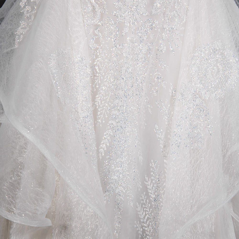 
                      
                        Sequined Short Sleeve Appliqued Ball Gown Wedding Dress with Tulle Ruffles
                      
                    