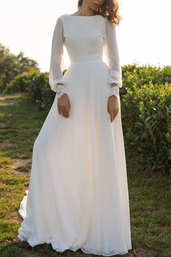 Bateau Neck Long Sleeve Tulle Boho A-Line Wedding Dress with Open Back