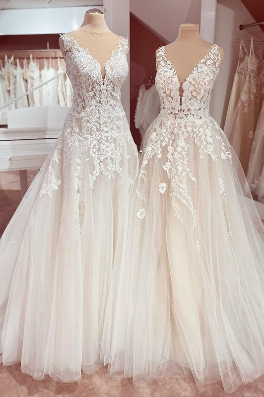 Deep V-Neck A-Line Lace Floor-Length Wedding Dress with Tulle Appliques