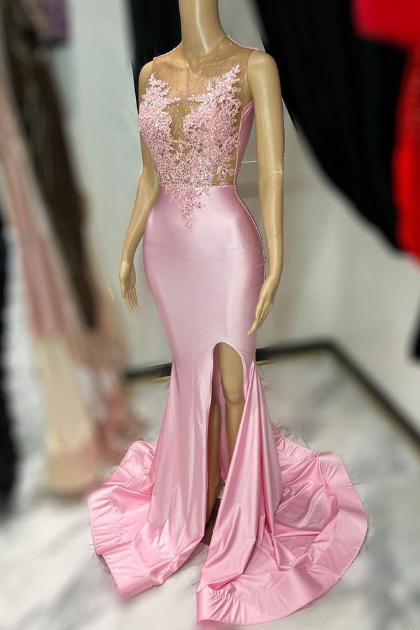 
                      
                        Pink Sleeveless Tulle Mermaid Prom Dress with Appliques and Slit
                      
                    