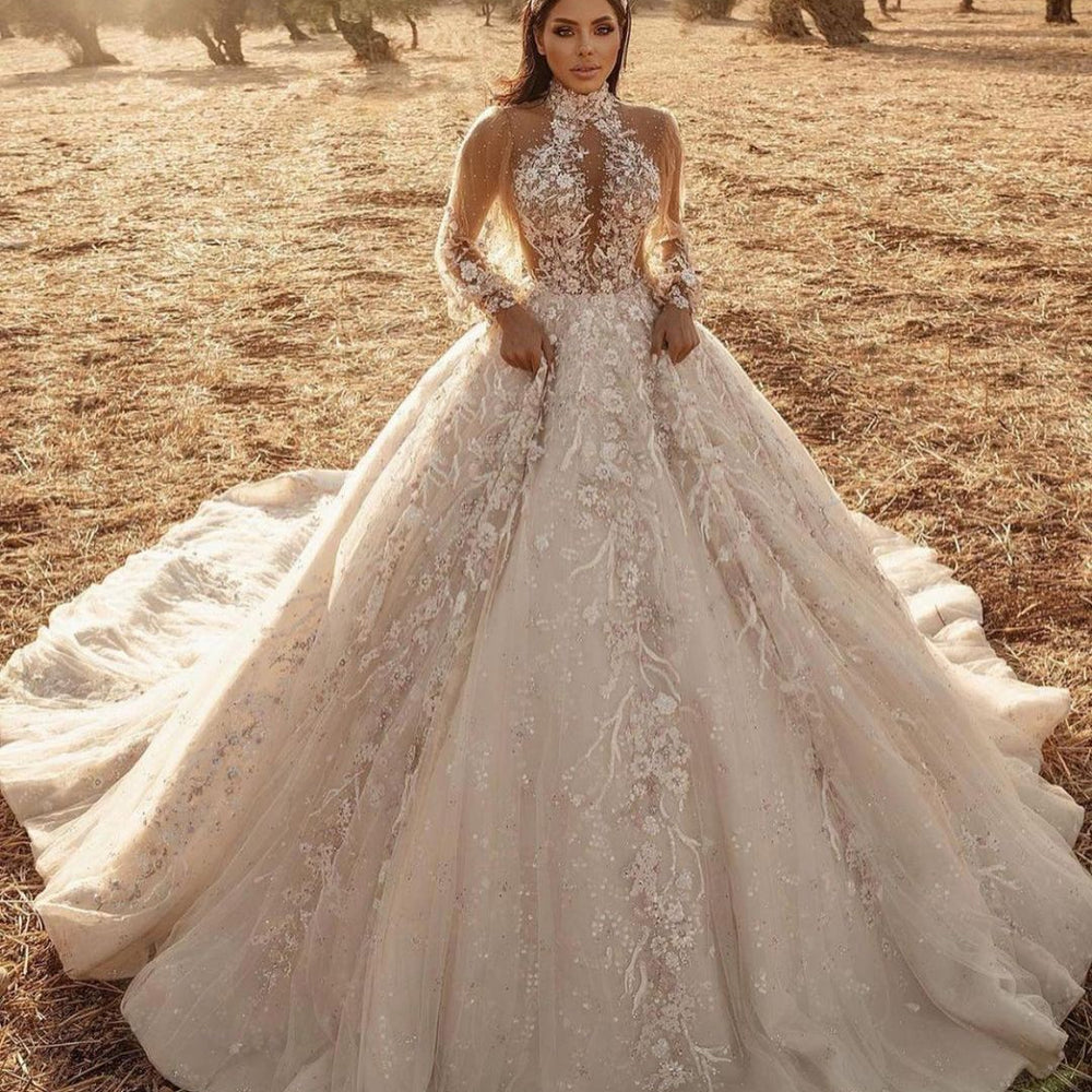 
                      
                        High Neck Long Sleeve A-Line Wedding Dress with Lace Appliques and Tulle Train
                      
                    