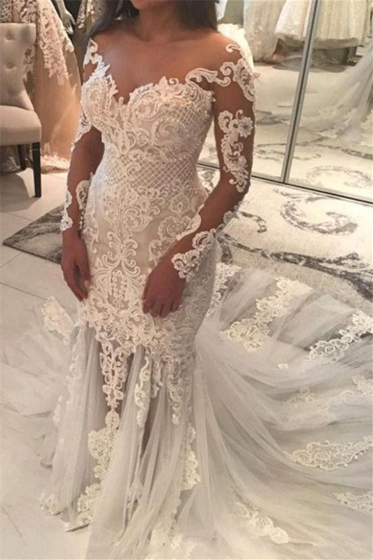 Long Sleeve Off-the-Shoulder Beaded Mermaid Wedding Dress with Lace Appliques