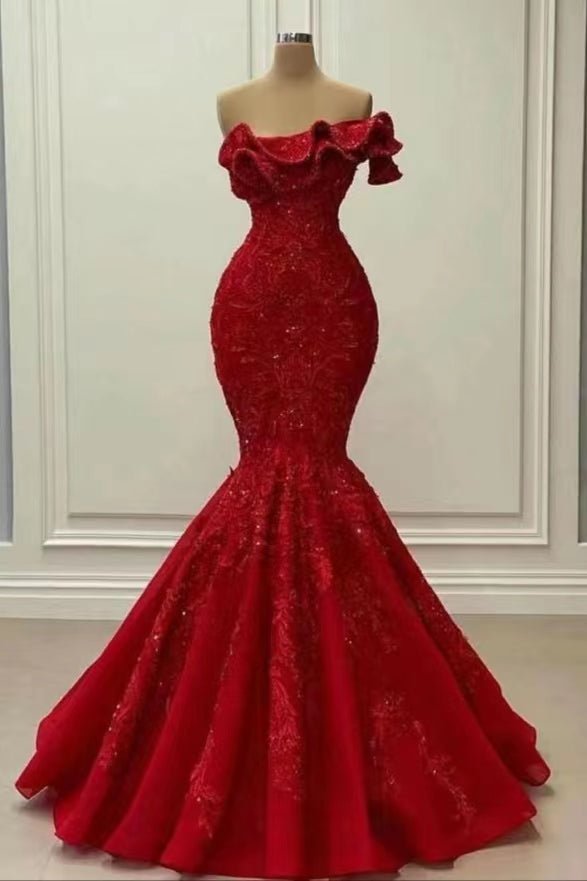 On Sale: Red Elegant Strapless Mermaid Sequins Prom Dress