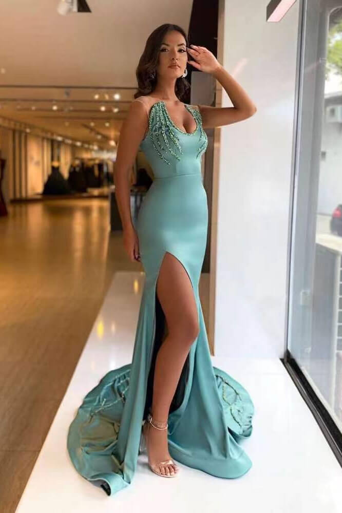 Glamorous Beaded Mermaid Prom Gown with Thigh-High Slit