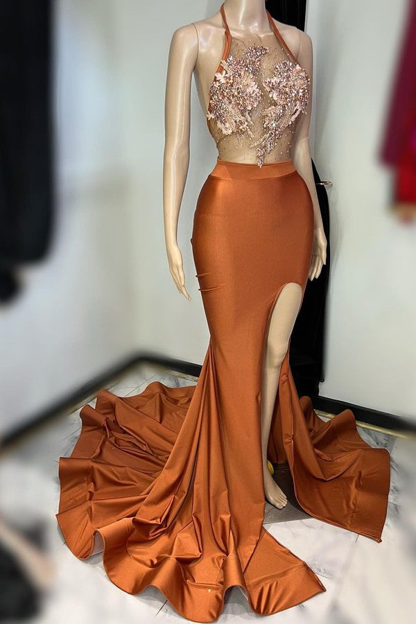 Glamorous Brown Sleeveless Halter Prom Dress with Stunning Appliques and High Slit