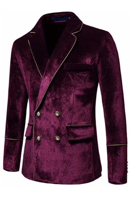 Kemp Glamorous Burgundy Notched Lapel Double Breasted Velvet Prom Suits