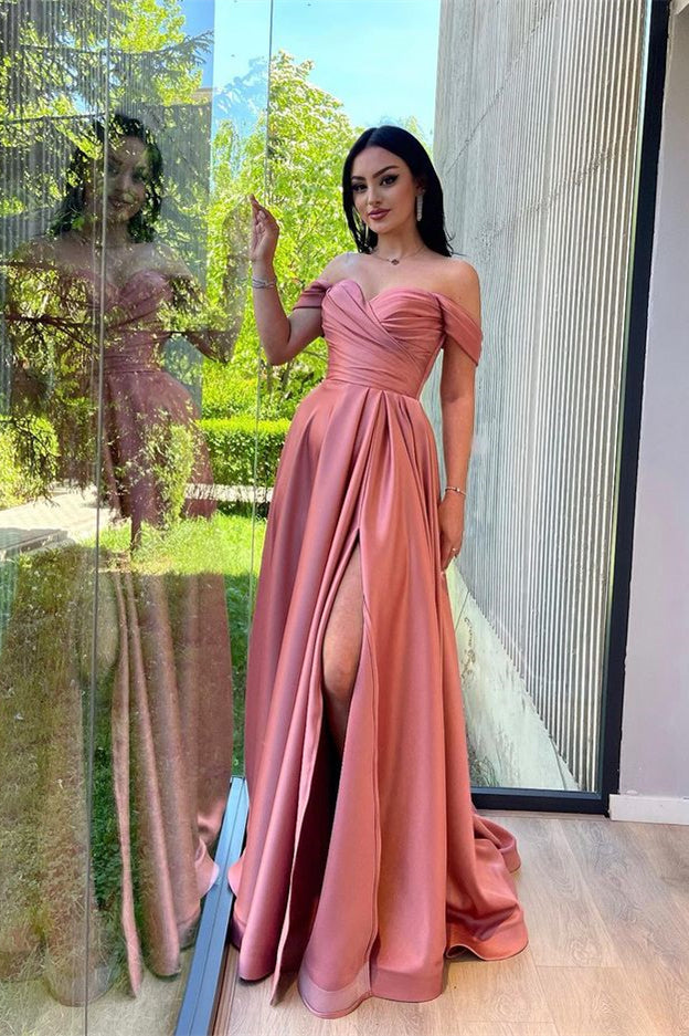 Glamorous Dusty Rose Off-Shoulder Evening Gown with Front Split and Sweetheart Neckline